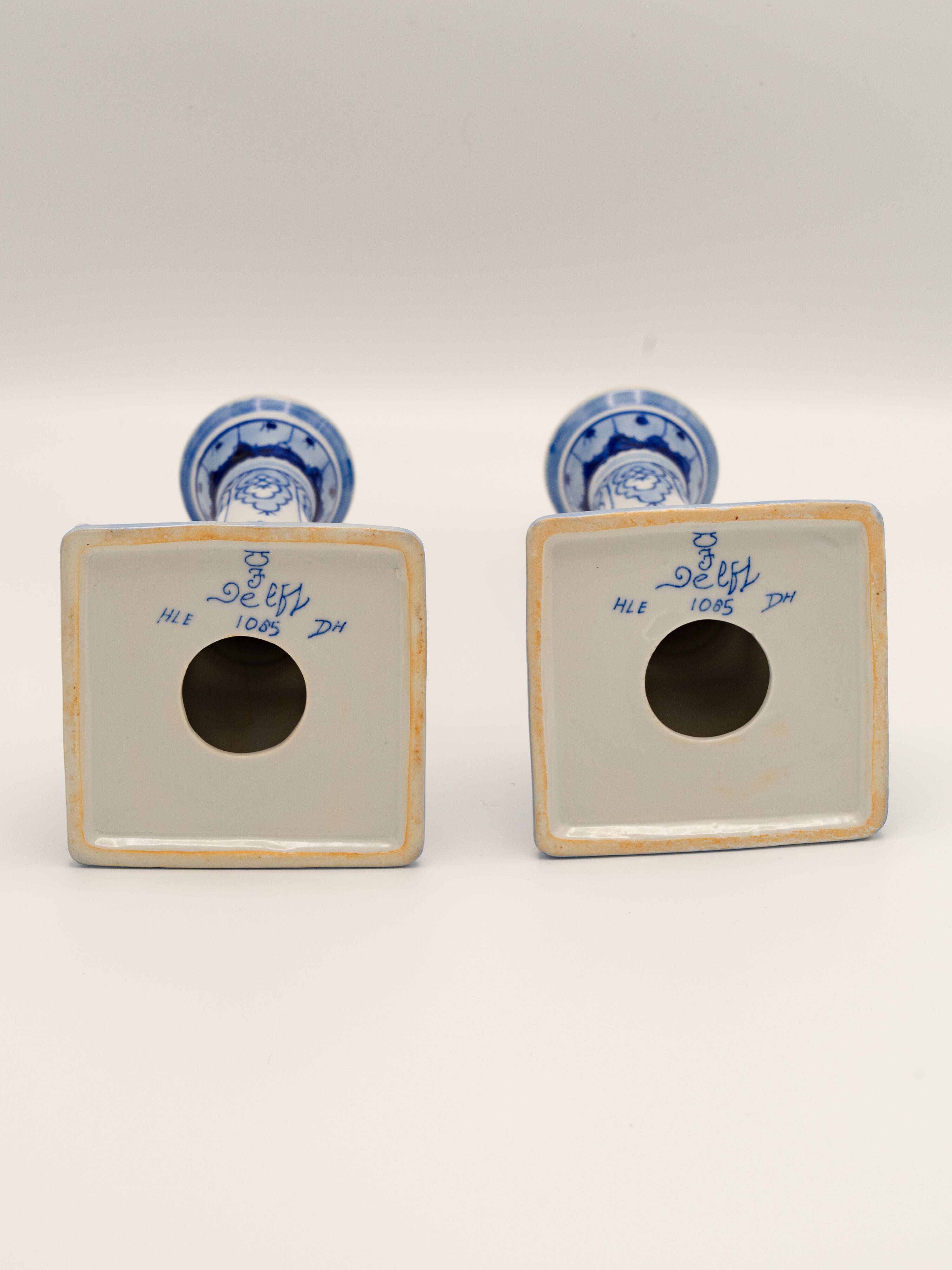 Pair of Royal Delft Blue and White Hand-Painted Ceramic Candlesticks