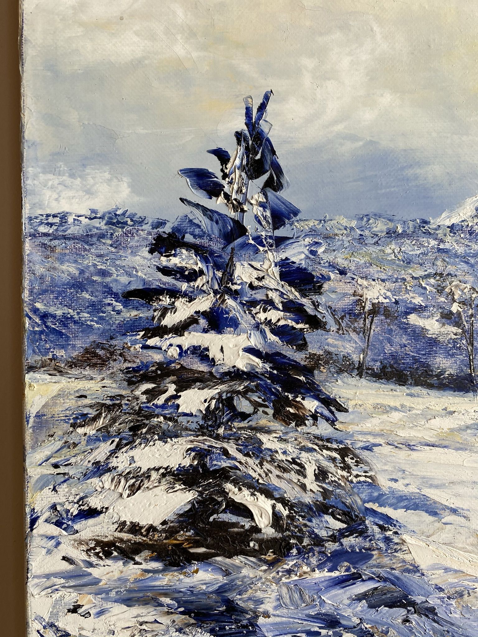 Ancient painting, winter landscape in Auvergne, signed, 20th century