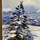 Ancient painting, winter landscape in Auvergne, signed, 20th century