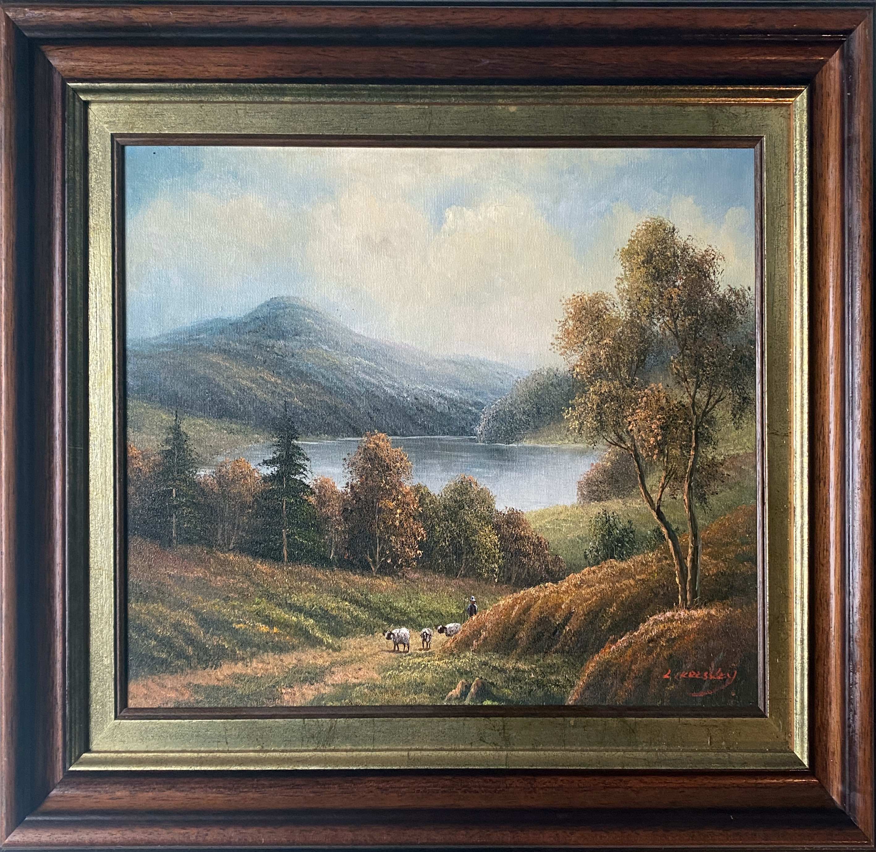 Table HST "animated pastoral landscape" HST signed (to be deciphered) + frame