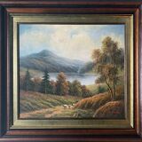 Table HST "animated pastoral landscape" HST signed (to be deciphered) + frame