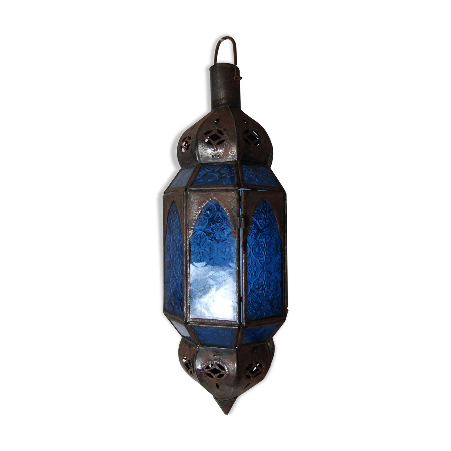Electrifiable oriental lantern vintage chiseled blue glass 44cm