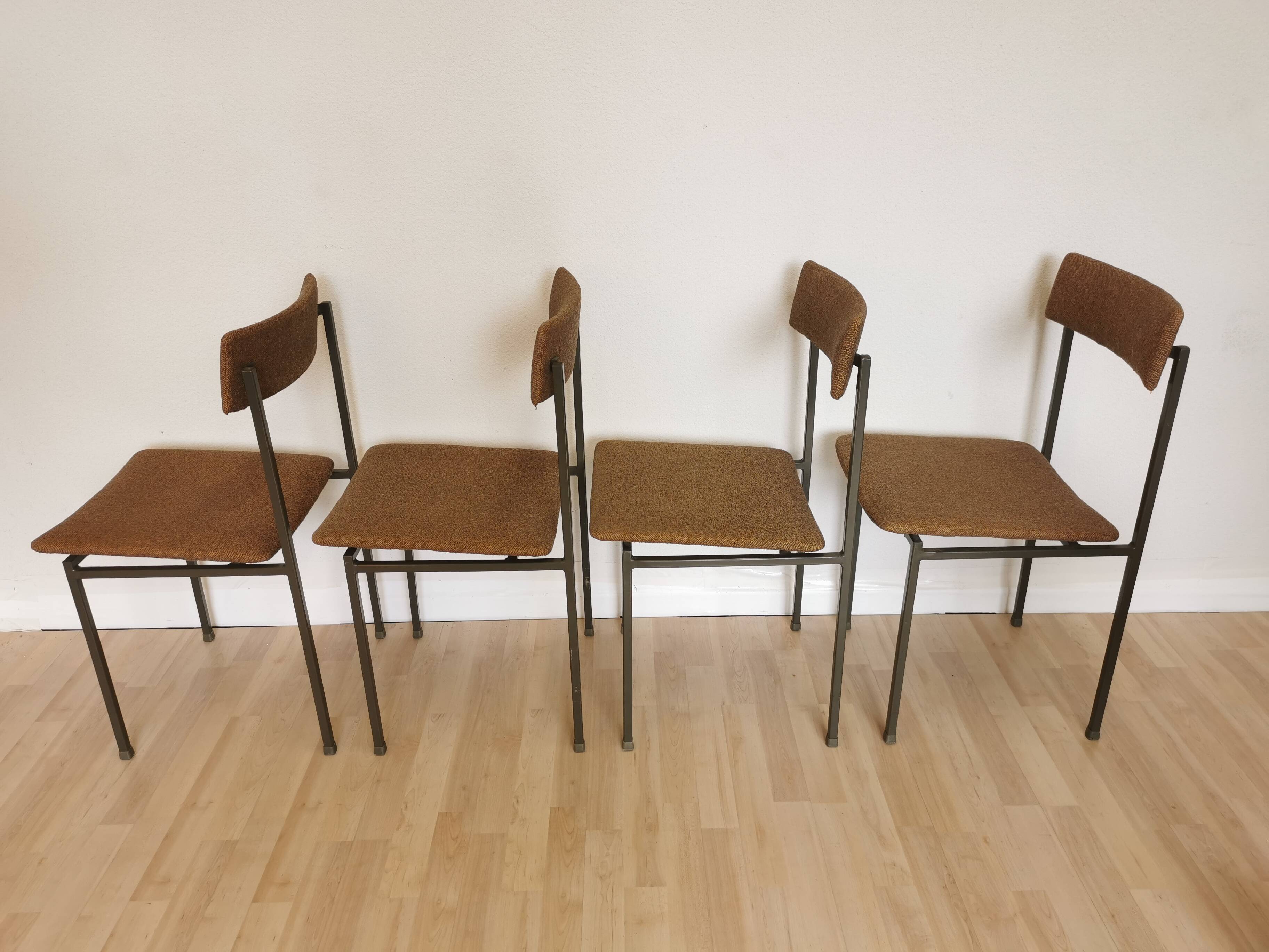 Set of 4 Vintage Industrial School Chairs: Brown Fabric, Black Metal Base