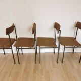 Set of 4 Vintage Industrial School Chairs: Brown Fabric, Black Metal Base