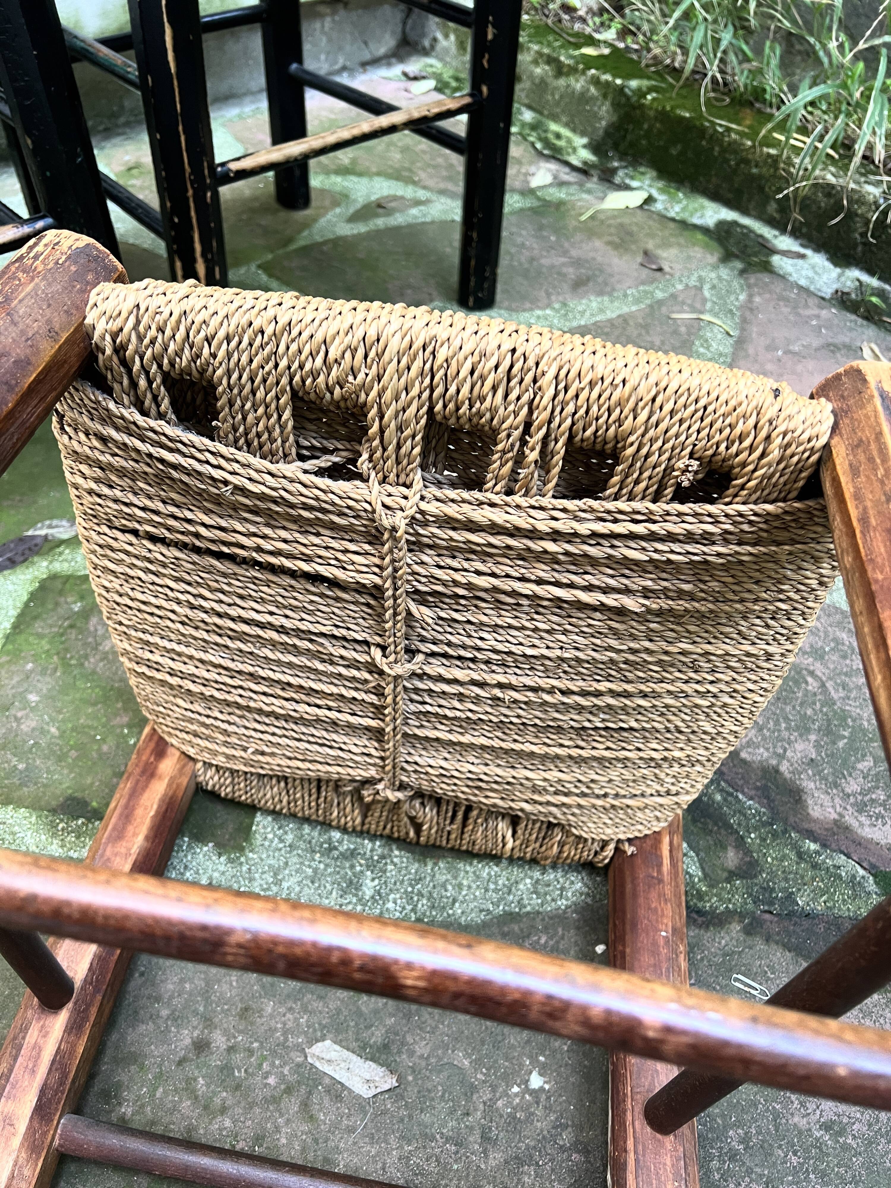 Chaise Italienne Vintage Bois Brut Corde Tressée Artisanale