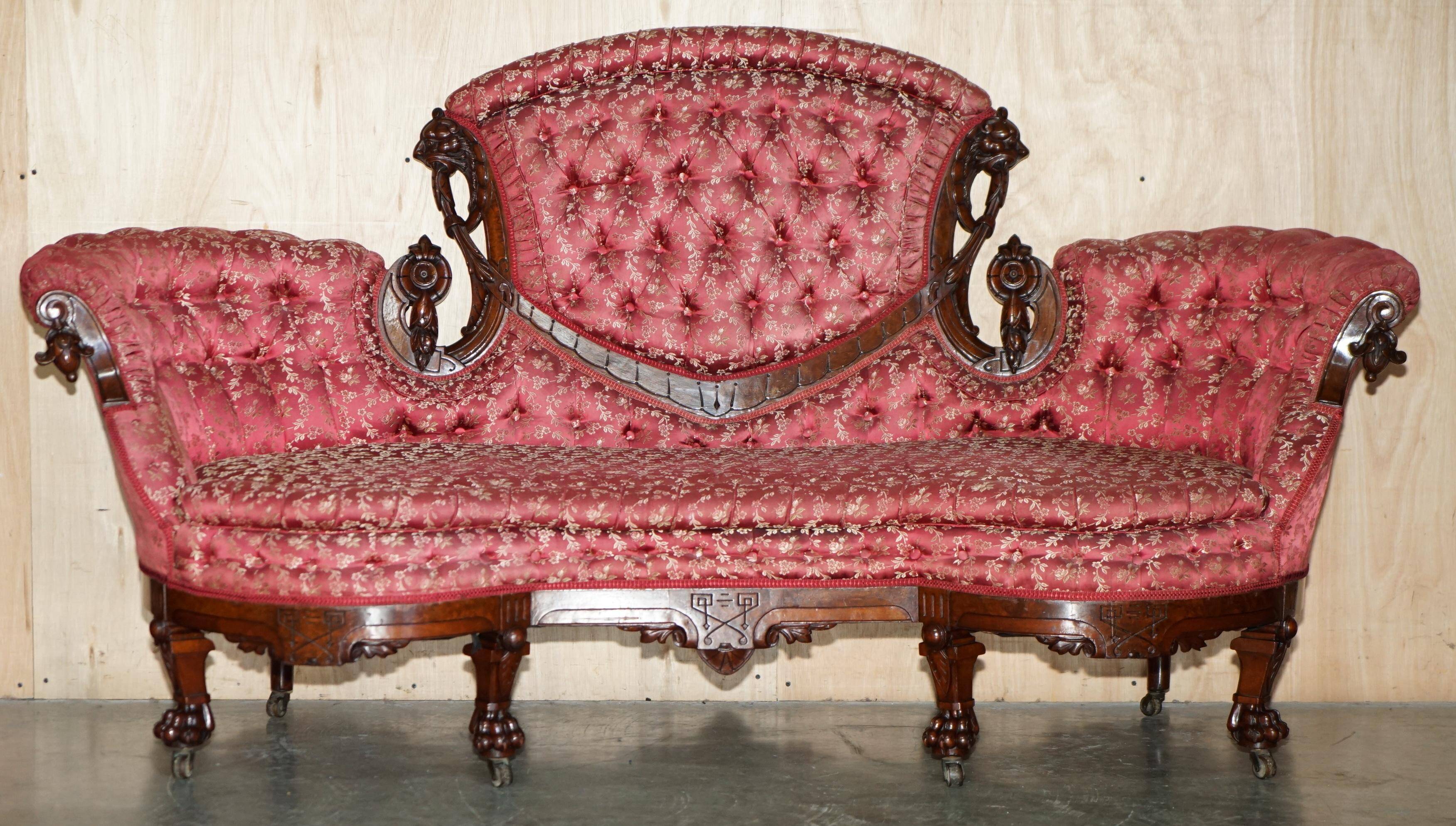 Canapé bibliothécaire victorien en acajou sculpté avec lions