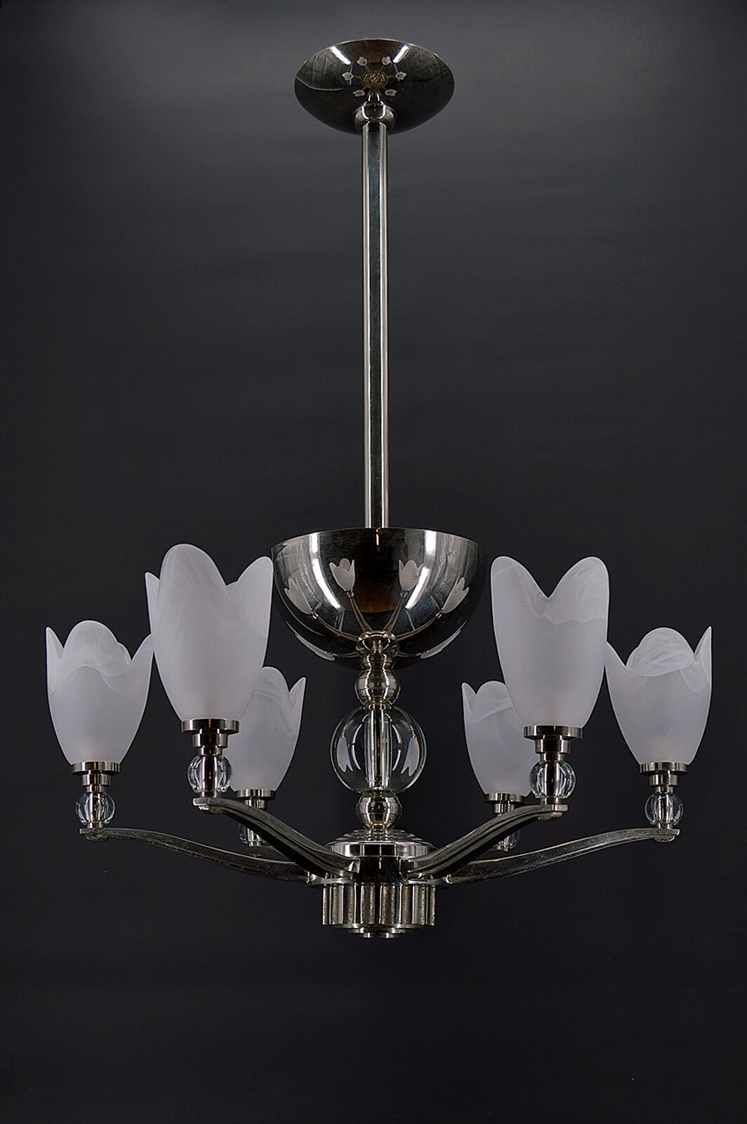 6-spoke Art Deco Modernist chrome chandelier, France, circa 1930