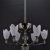 Lustre chromé Art Deco Moderniste à 6 branches, France, circa 1930