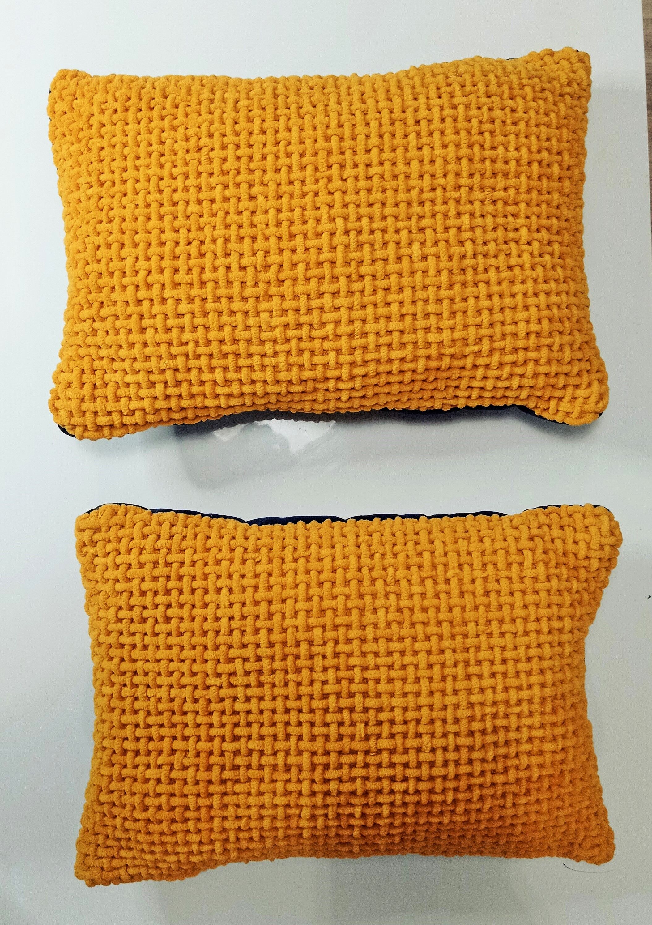 Pair of mustard and ultramarine blue chenille rectangle cushions