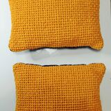 Pair of mustard and ultramarine blue chenille rectangle cushions