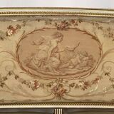 Louis XVI style bench in white and gold lacquered wood, upholstered with tapestry