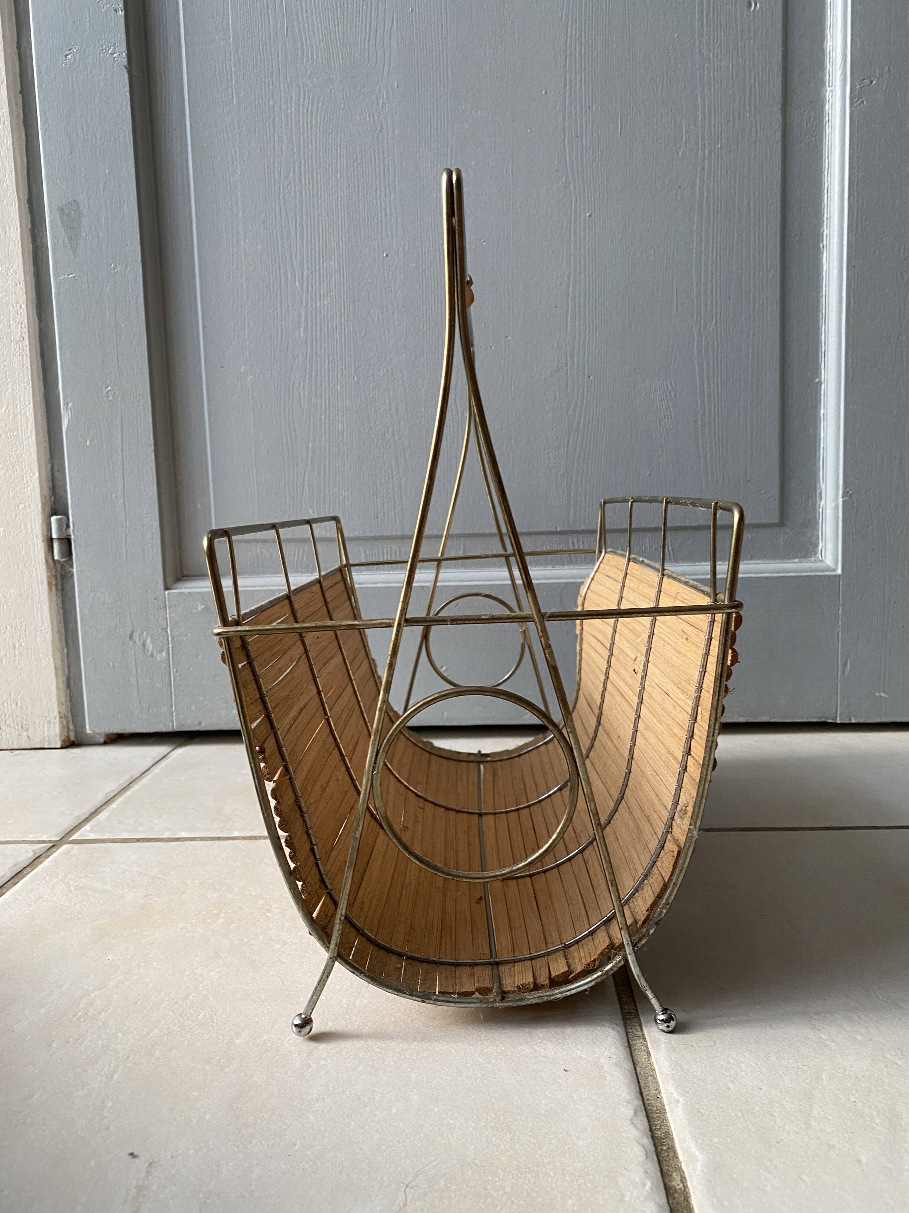 Vintage 1960s magazine rack / newspaper basket, brass & bamboo frame