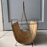 Vintage 1960s magazine rack / newspaper basket, brass & bamboo frame
