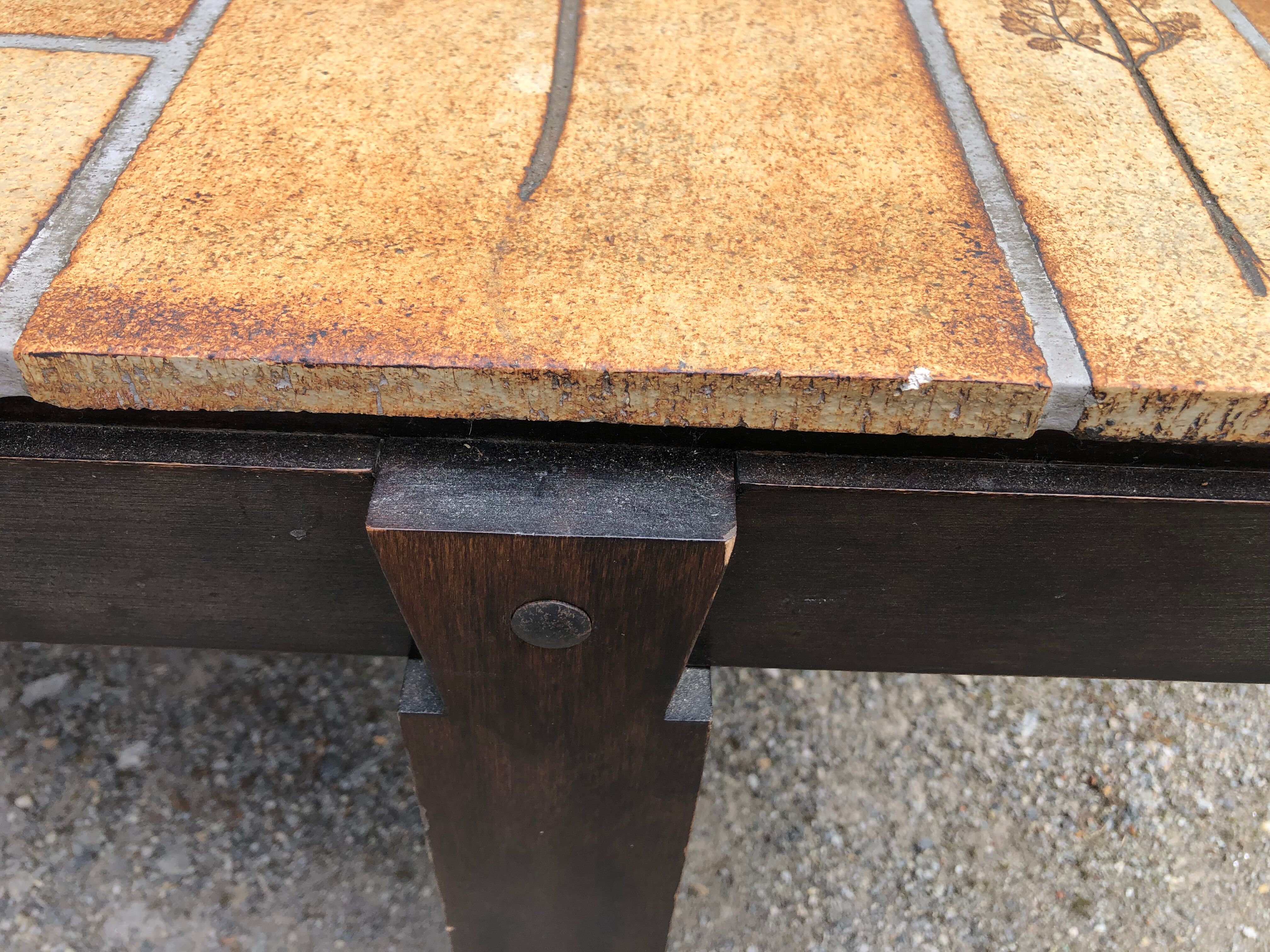 Vintage ceramic coffee table with herbarium decorations by Roger Capron, solid beech base.