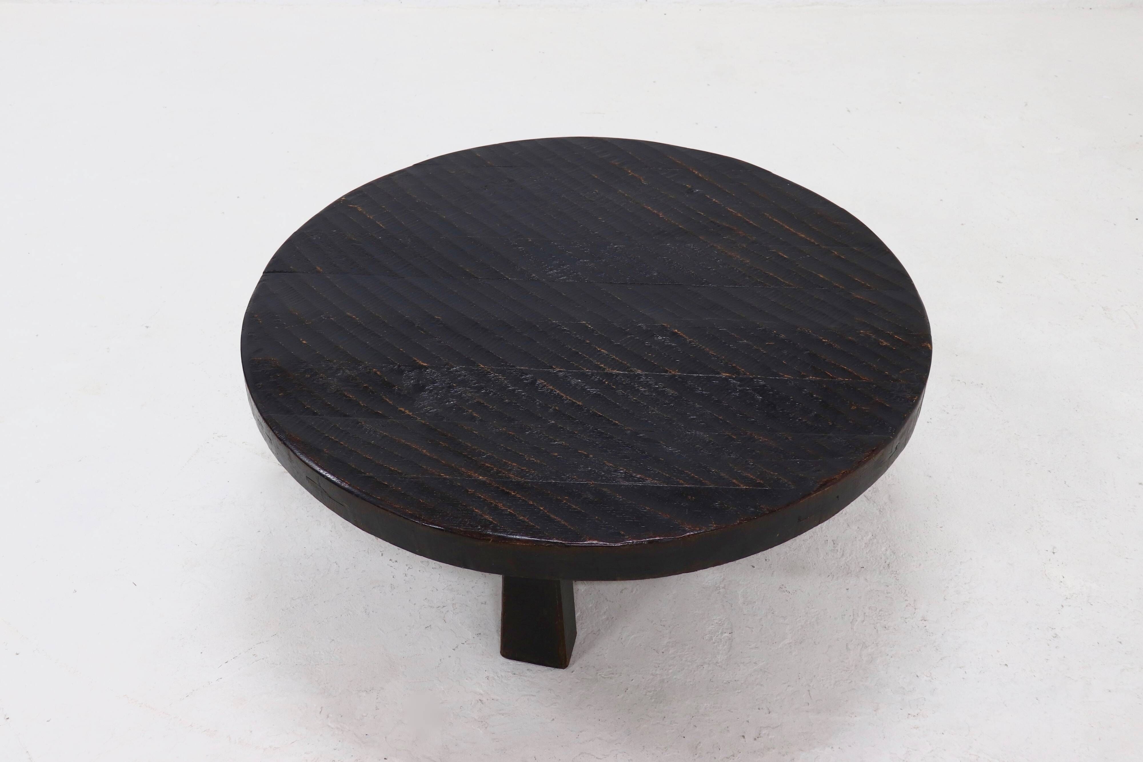 Brutalist Solid Stained Oak Round Tripod Coffee Table 1970s