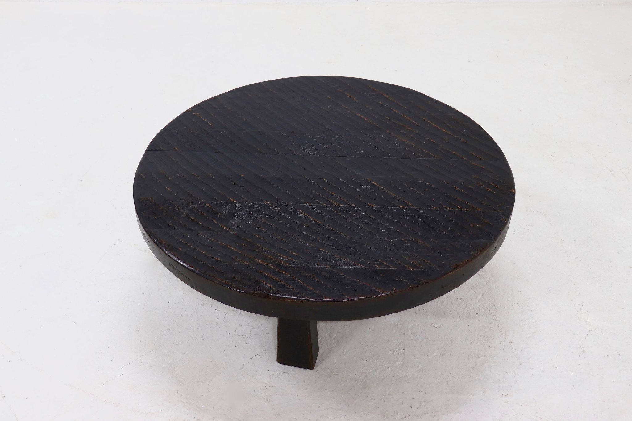 Brutalist Solid Stained Oak Round Tripod Coffee Table 1970s