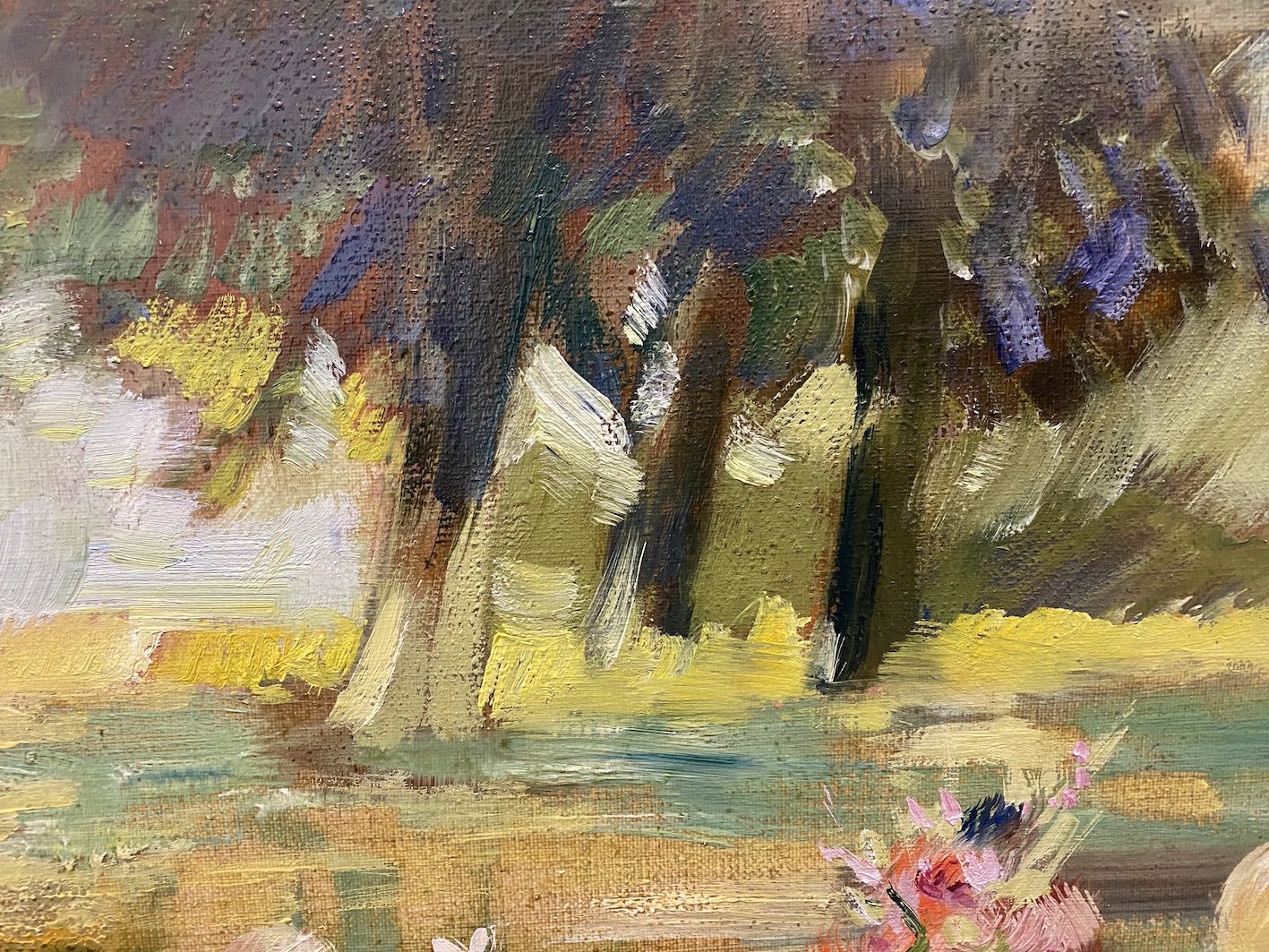 Vintage mid century swedish framed oil painting - garden party
