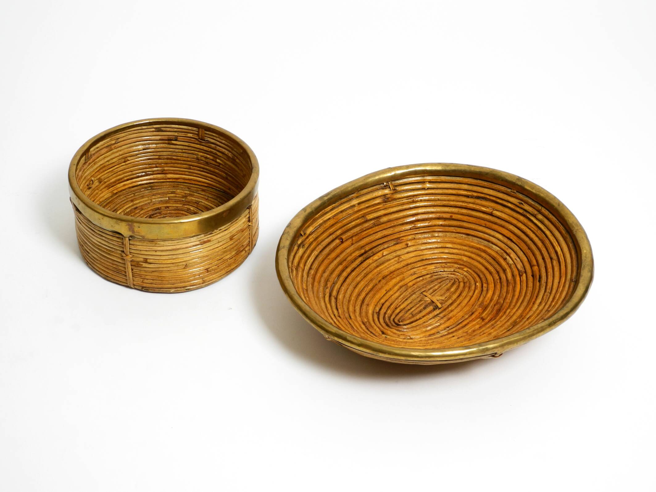 A pair of beautiful Italian Mid Century Modern bamboo bowls with brass rims