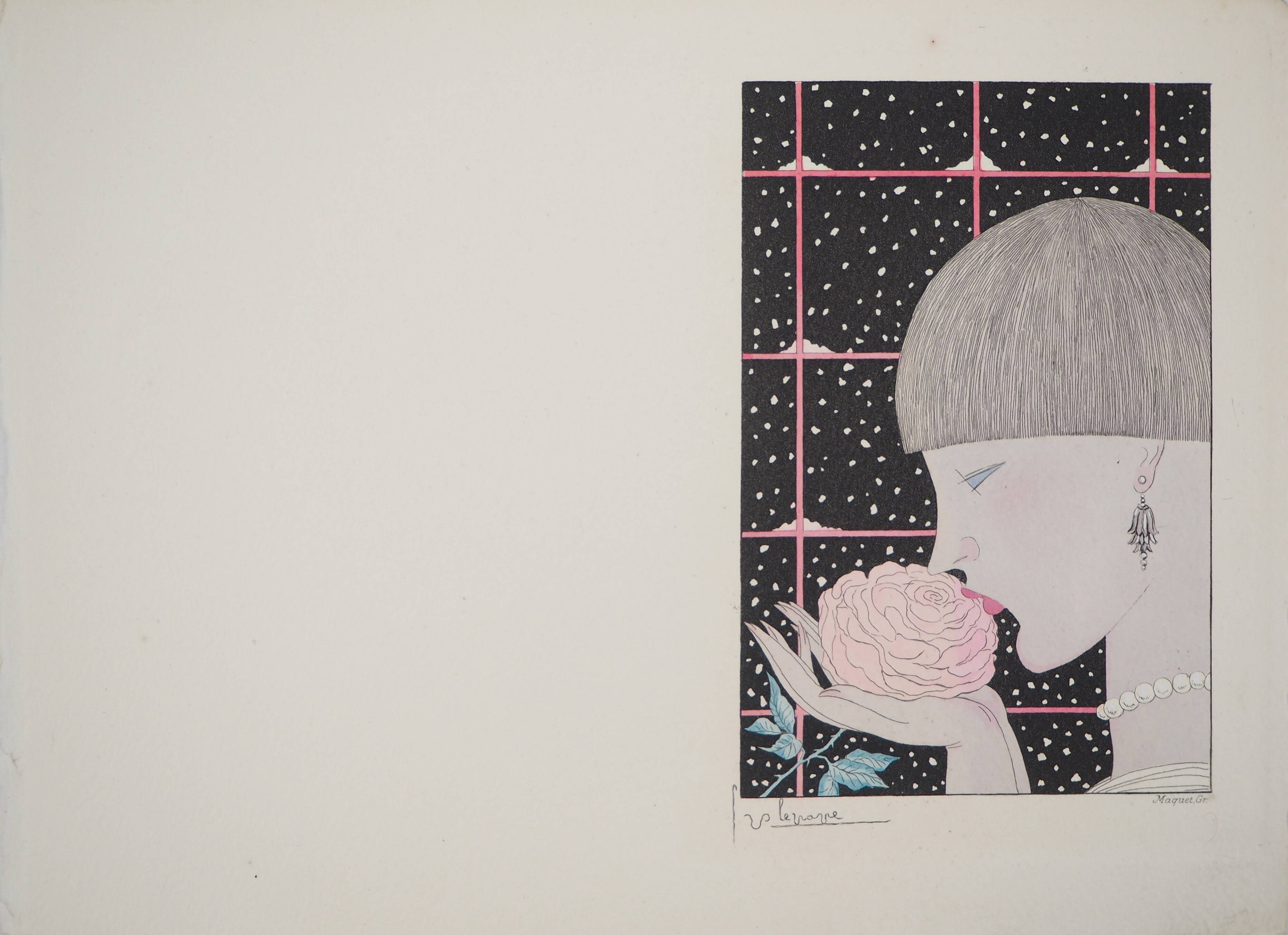 Georges Lepape: Art Deco, young woman with a rose, original signed engraving
