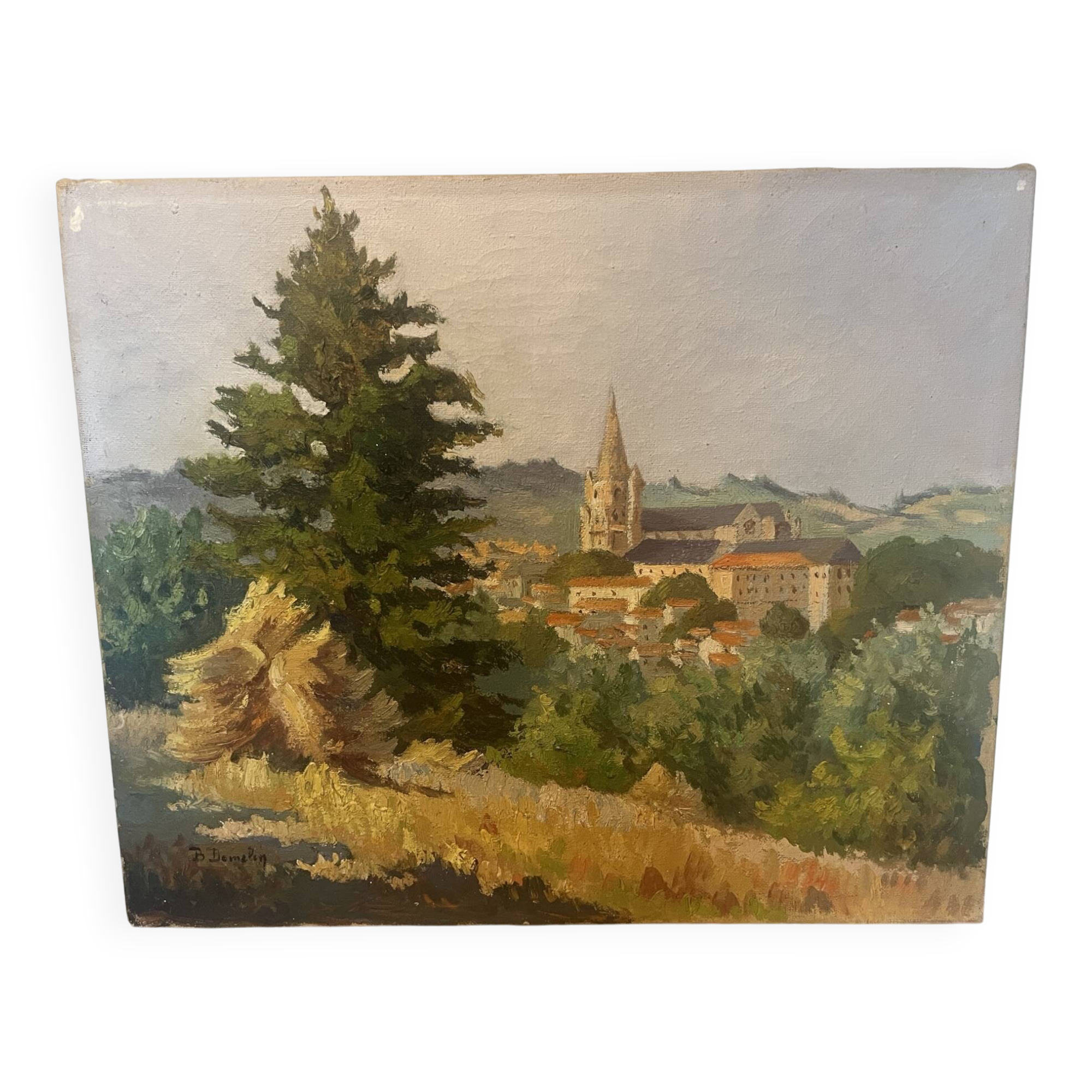 Oil on canvas rural landscape, village steeple and its countryside.
