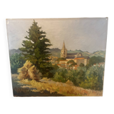 Oil on canvas rural landscape, village steeple and its countryside.