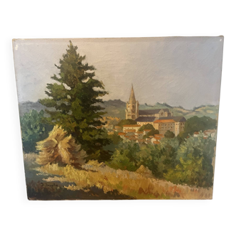 Oil on canvas rural landscape, village steeple and its countryside.