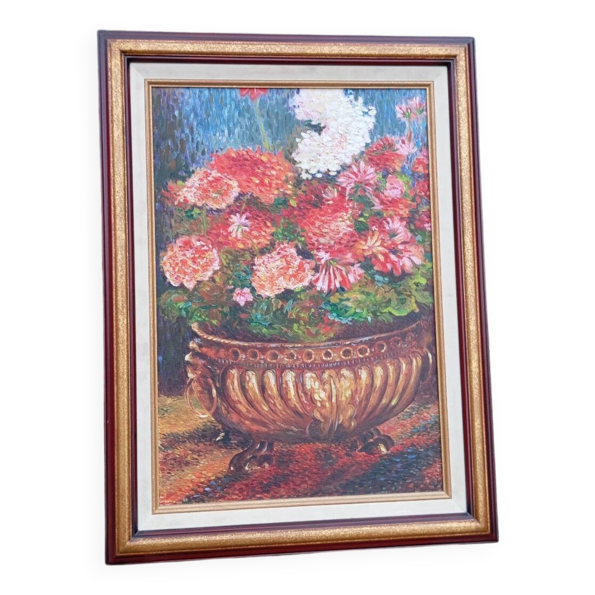 Oil on canvas with geraniums, floral decoration, signature to be identified