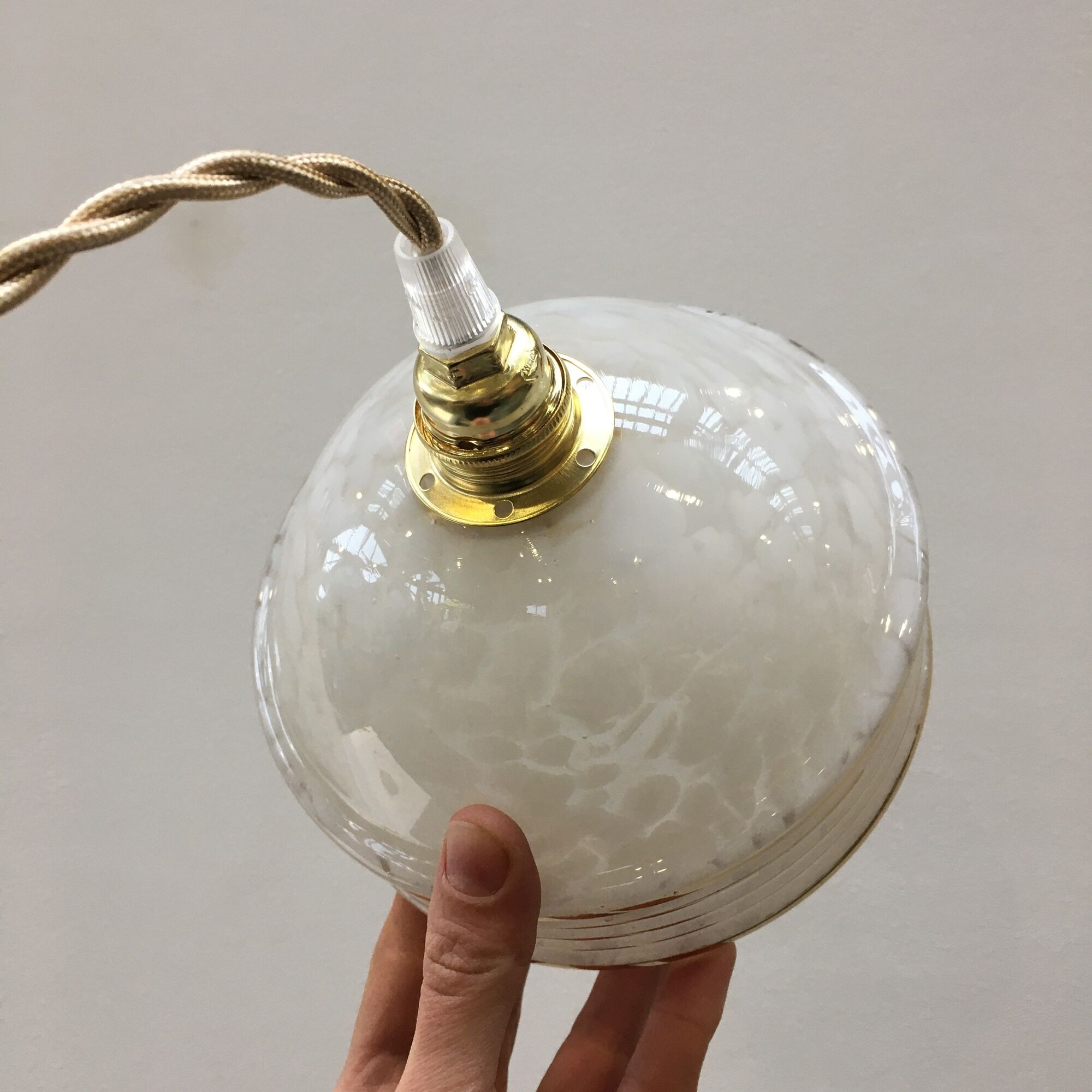 Pair of Art Deco ball suspensions in white Clichy glass