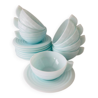 8 Art Deco Opaline Glass Coffee Cups and Saucers "The Economy"