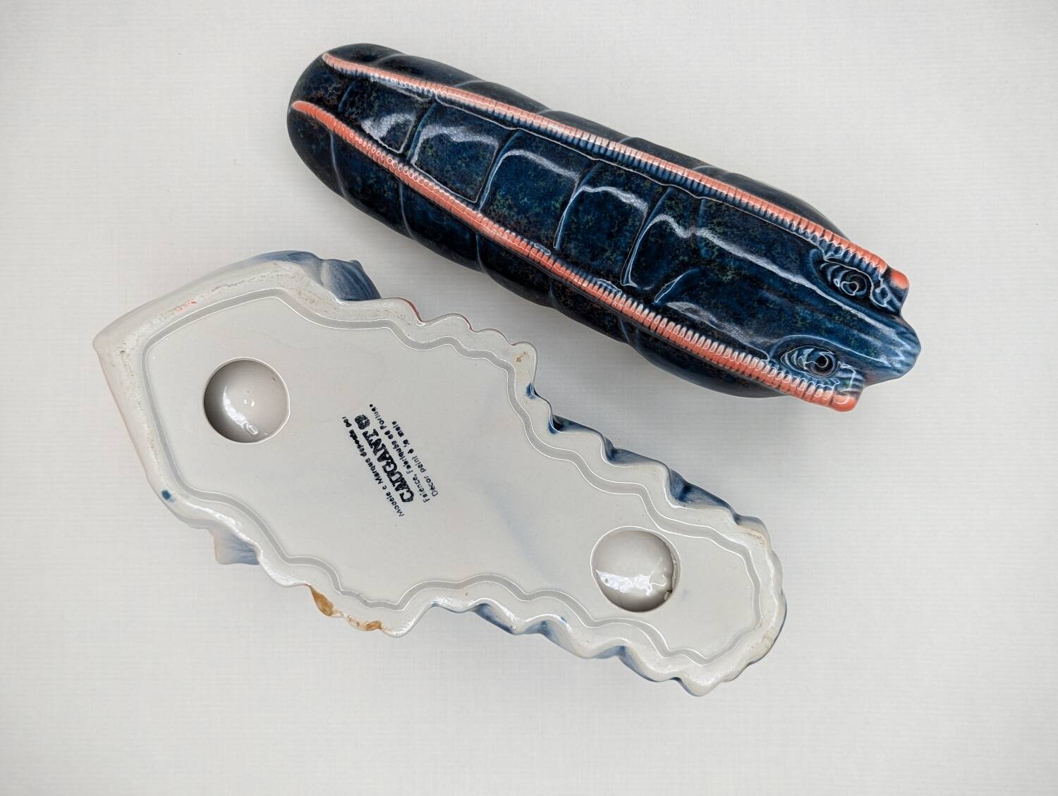 Lobster barbotine signed Michel Caugant midnight blue / coral