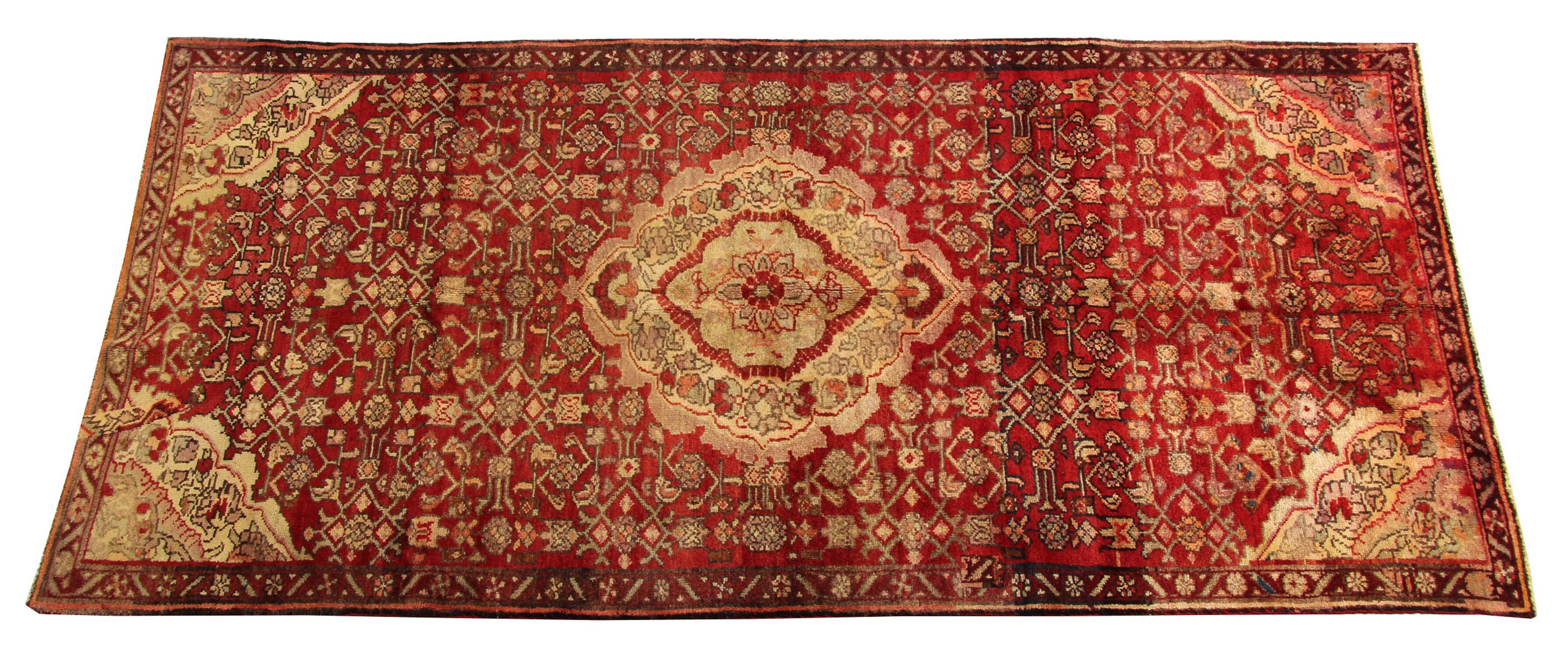 Red cream floral design runner rug long handmade oriental wool carpet 130x273cm