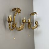 Lot de 2 appliques murales hollywood regency golden florentiner tiki style, italie 1970