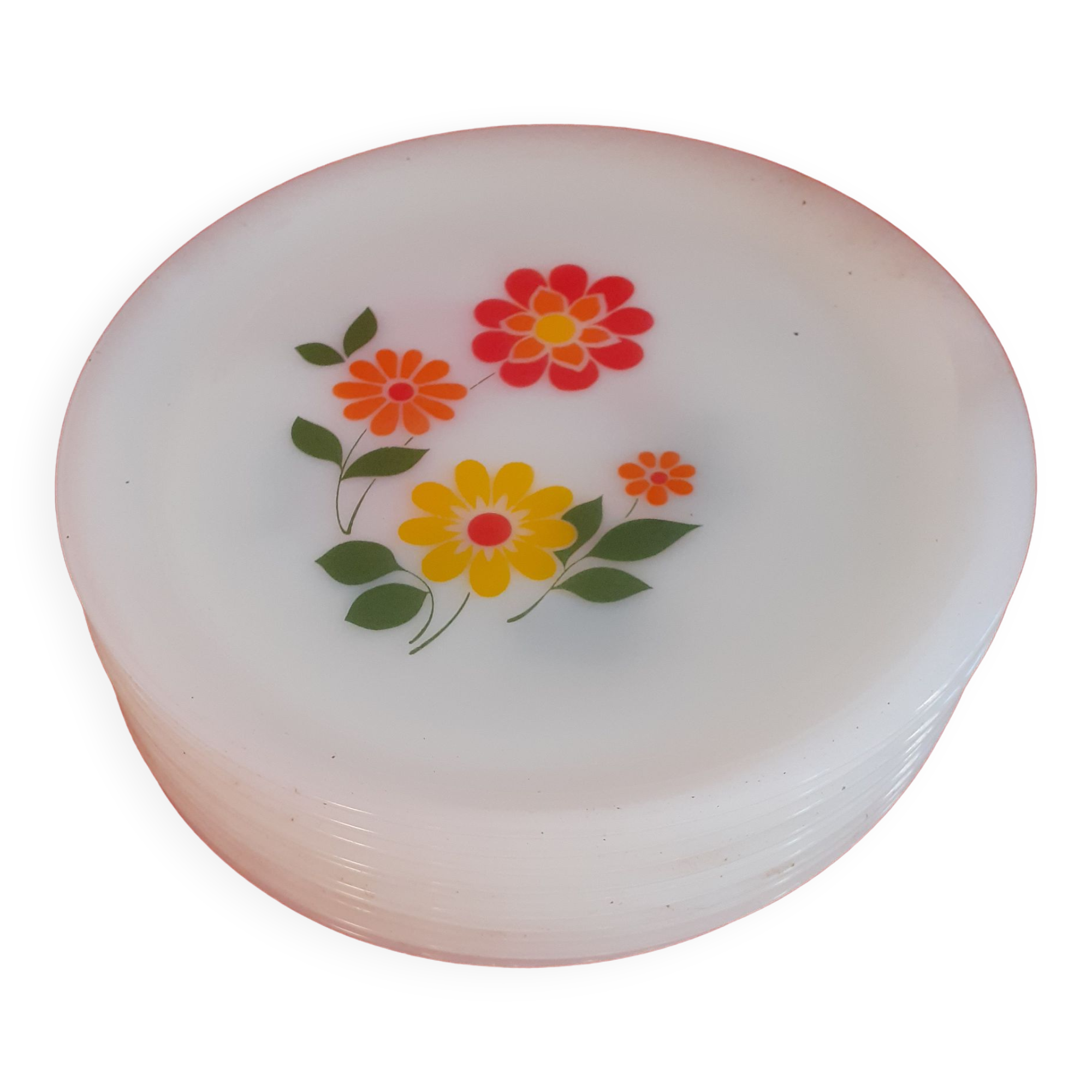 11 arcopal opaline plates. floral pattern.