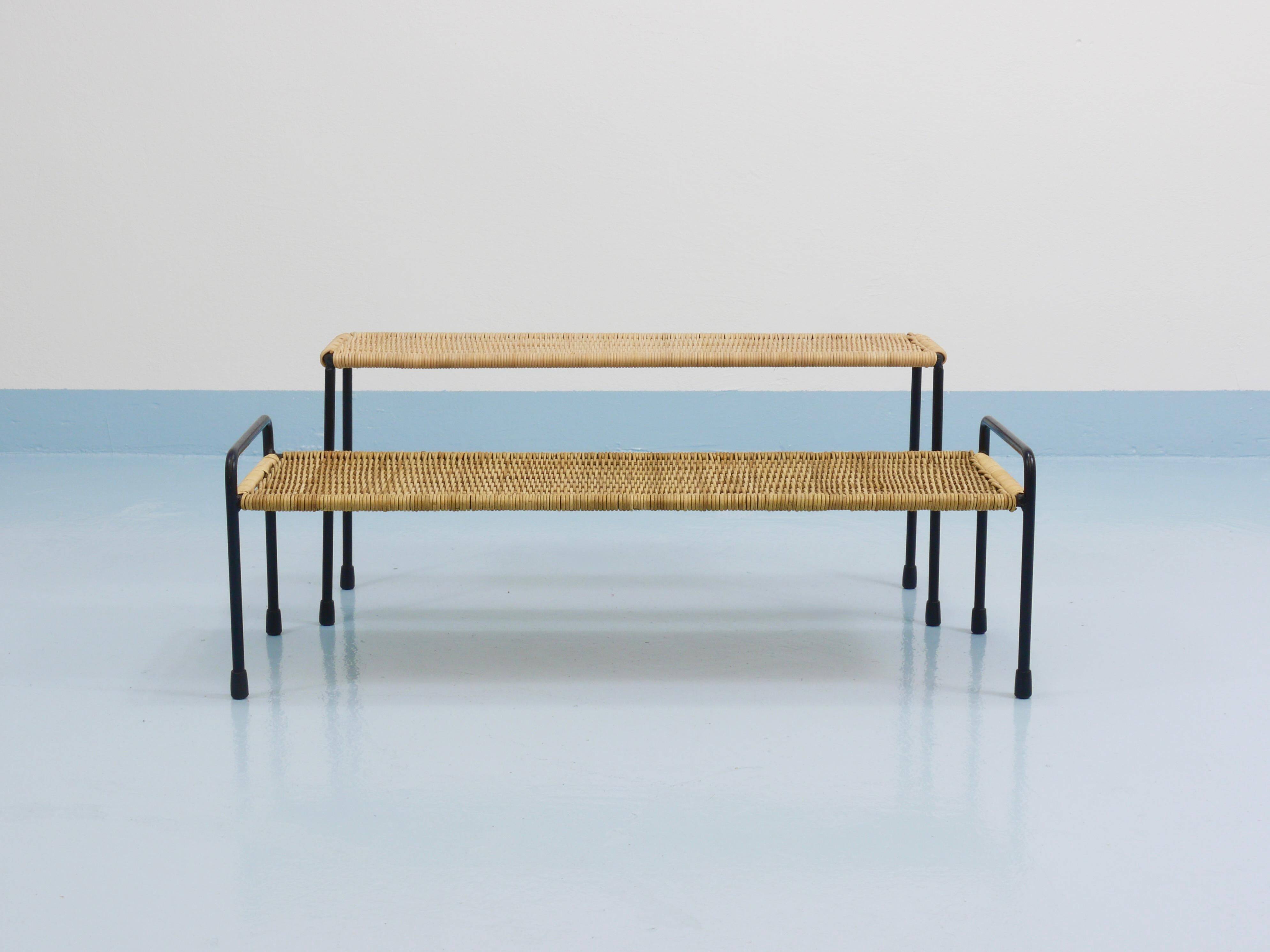 Carl Aubock side table, flower bench, iron, rattan, wicker, Austria, 1950s