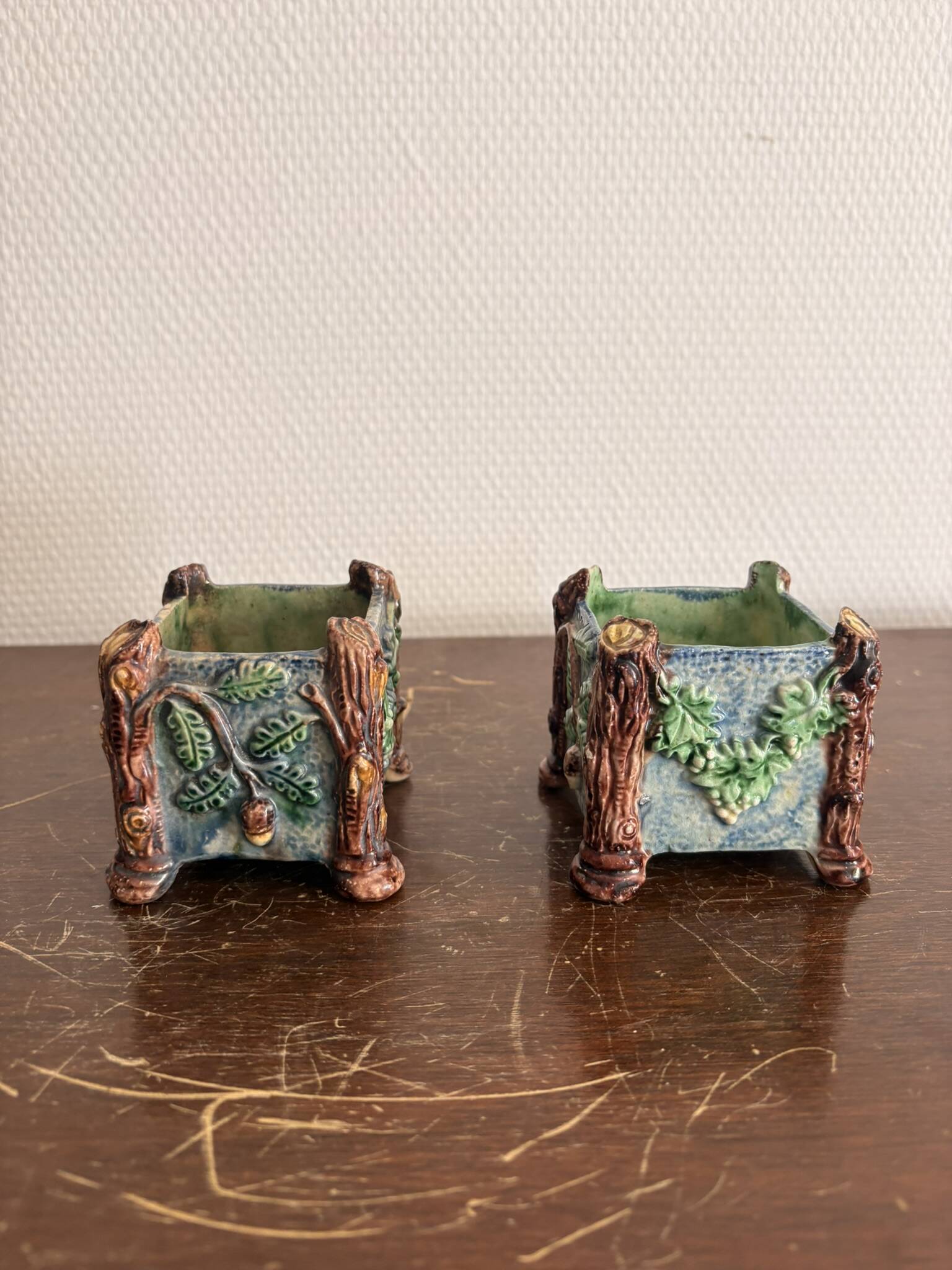 Antique Cache Pot Planter Barbotine Earthenware Enamelled Majolica