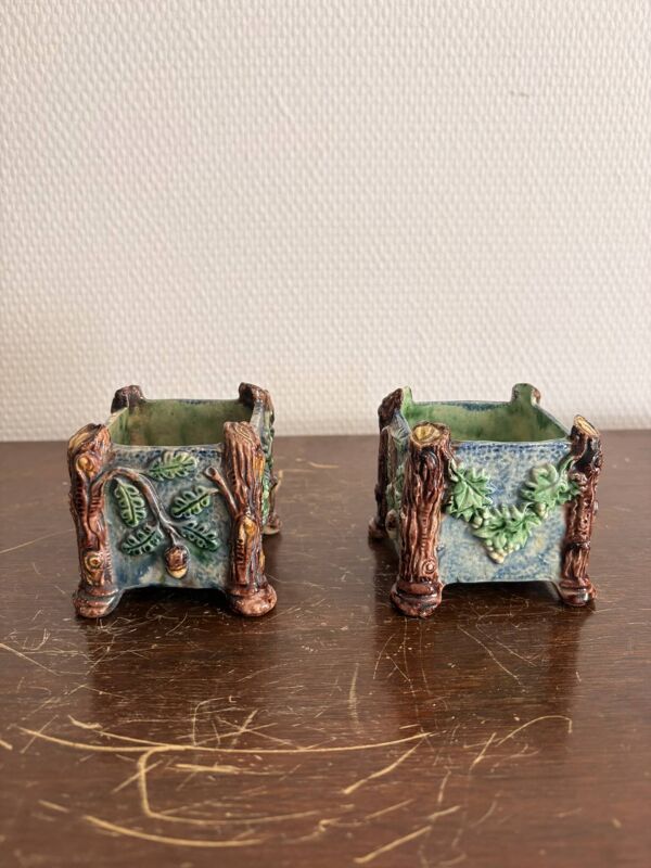 Ancien Cache Pot Jardinière Table Barbotine Terre cuite emmaillée Majolique