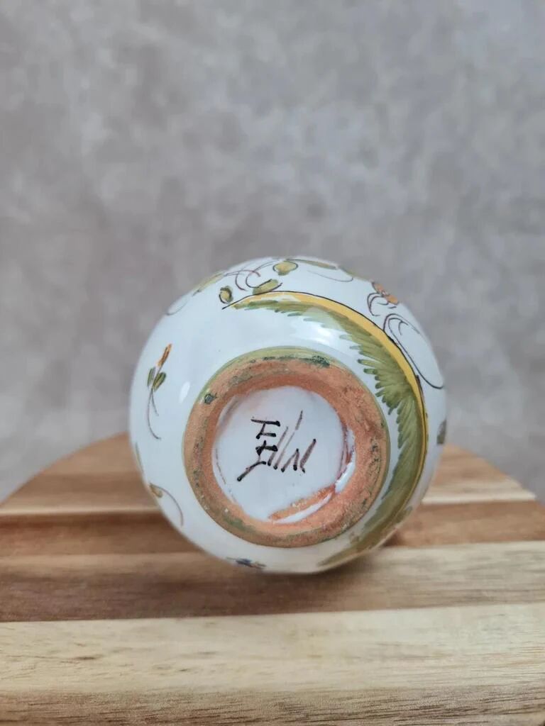Hand-painted earthenware vase – floral and bird decoration – signed