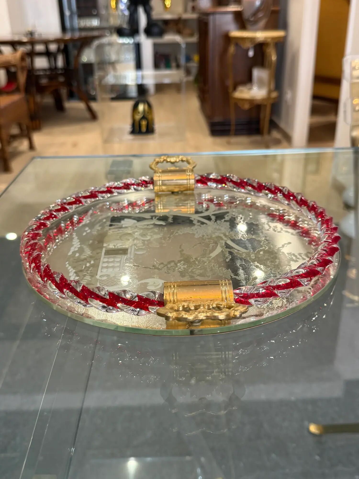 Engraved mirror plateau with twisted red and white glass border, Murano / Venice (c. 1940–1950)