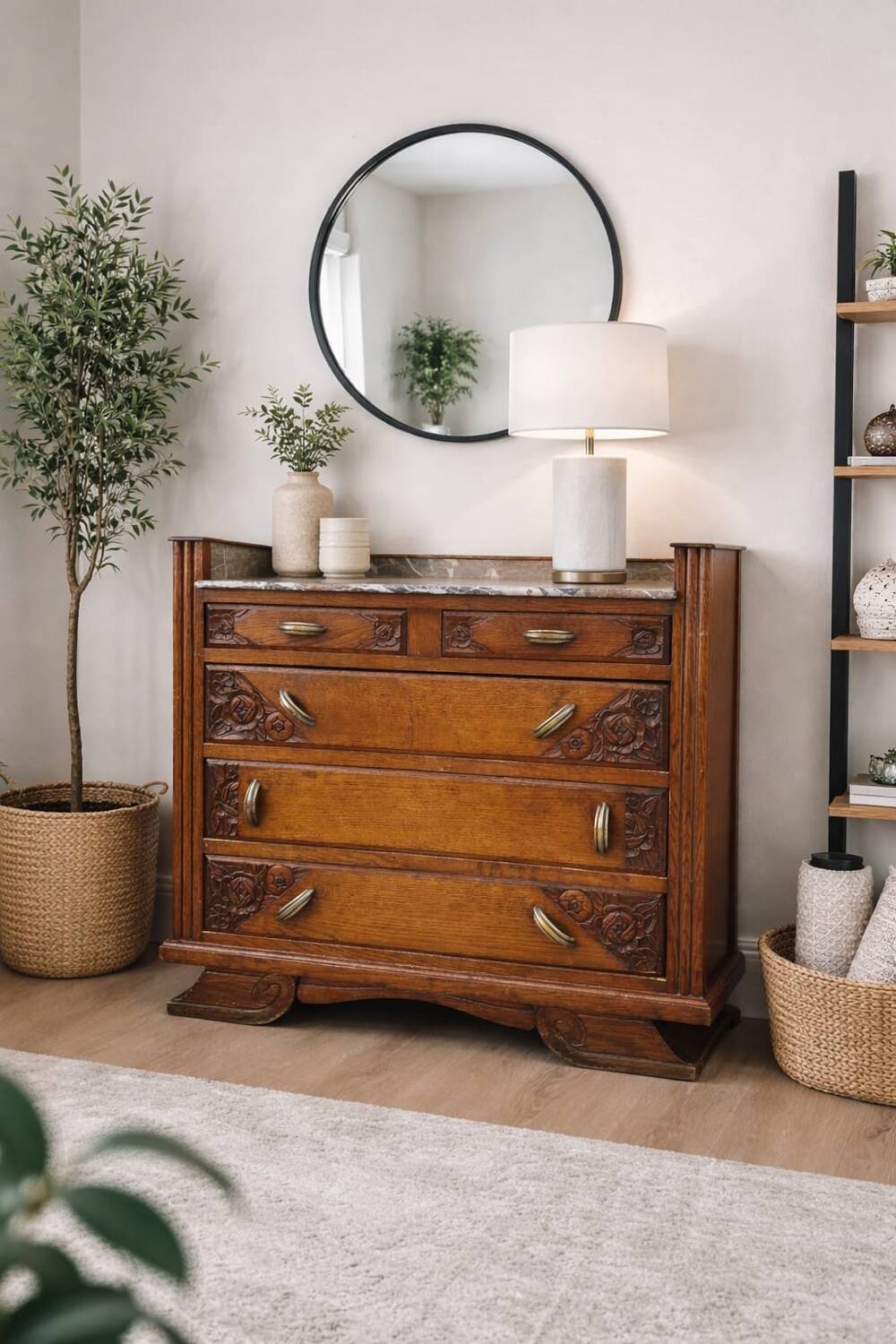Art Deco chest of drawers, marble top, solid oak, dressing table