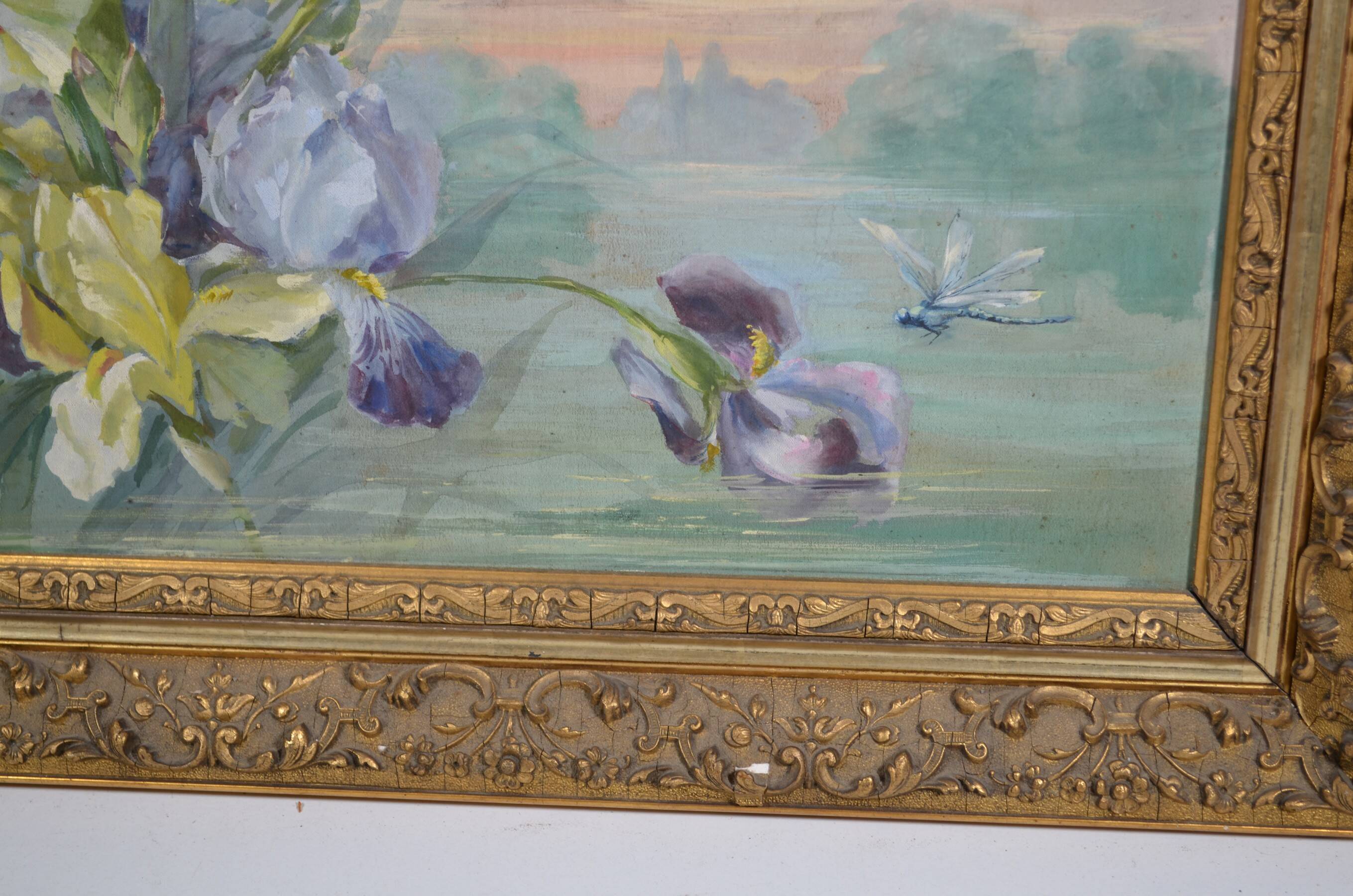 French School circa 1900 “Irises and dragonflies” Painted silk.