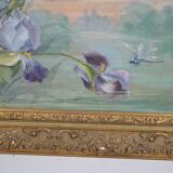 French School circa 1900 “Irises and dragonflies” Painted silk.