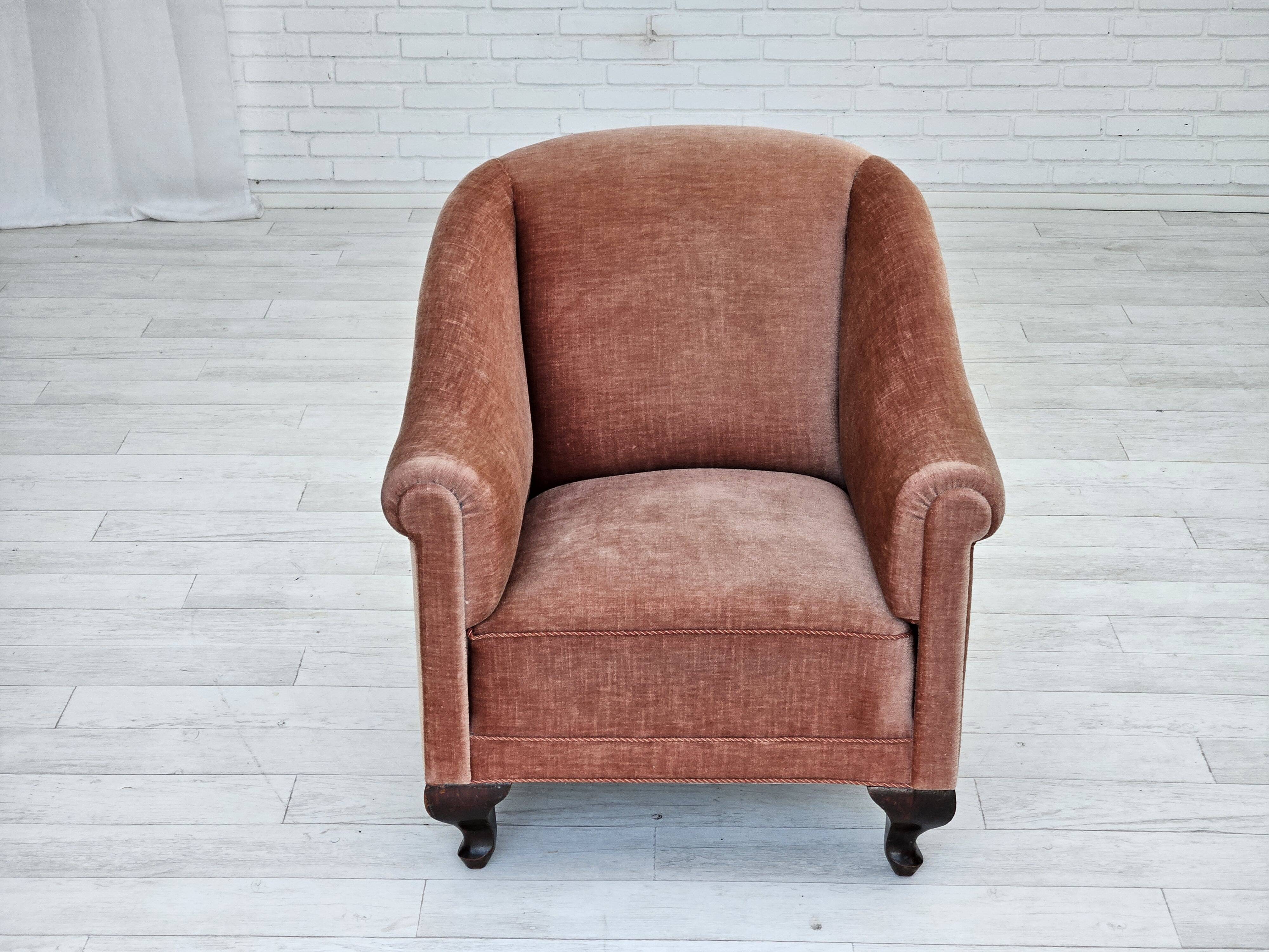 1960s, Danish armchair, salmon pink furniture velour, ash wood legs.