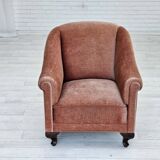 1960s, Danish armchair, salmon pink furniture velour, ash wood legs.
