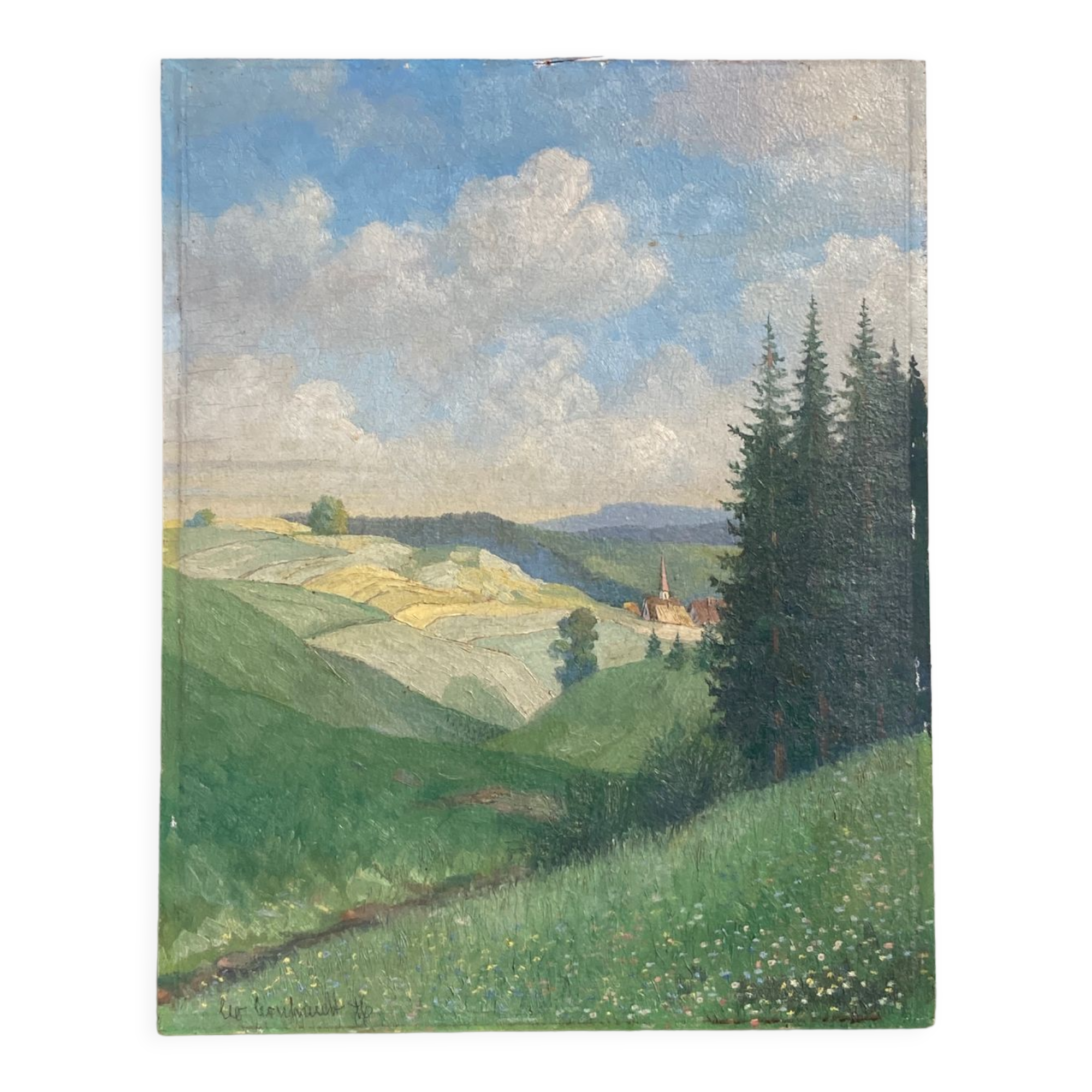 Old oil painting on wood panel / painting of a landscape