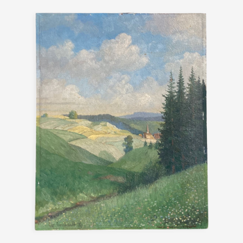 Old oil painting on wood panel / painting of a landscape
