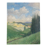 Old oil painting on wood panel / painting of a landscape