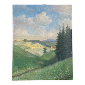 Peinture ancienne à l’huile sur panneau de bois / peinture d’un paysage