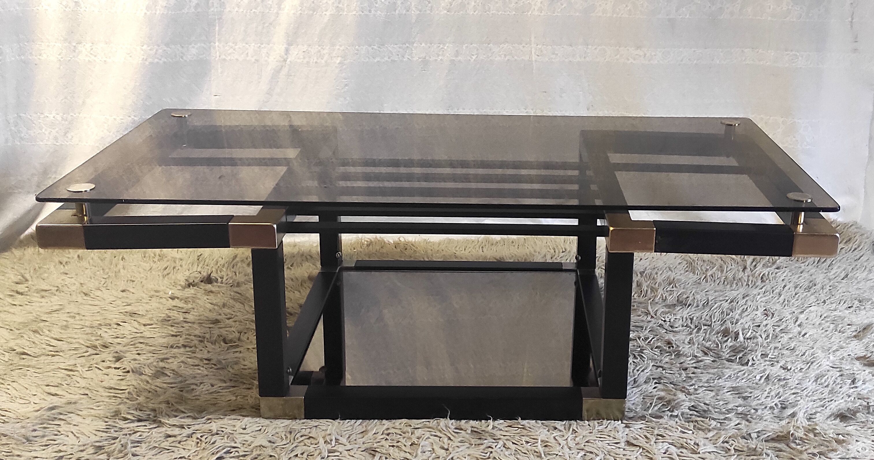 Designer coffee table in metal and smoked glass, 70s-80s