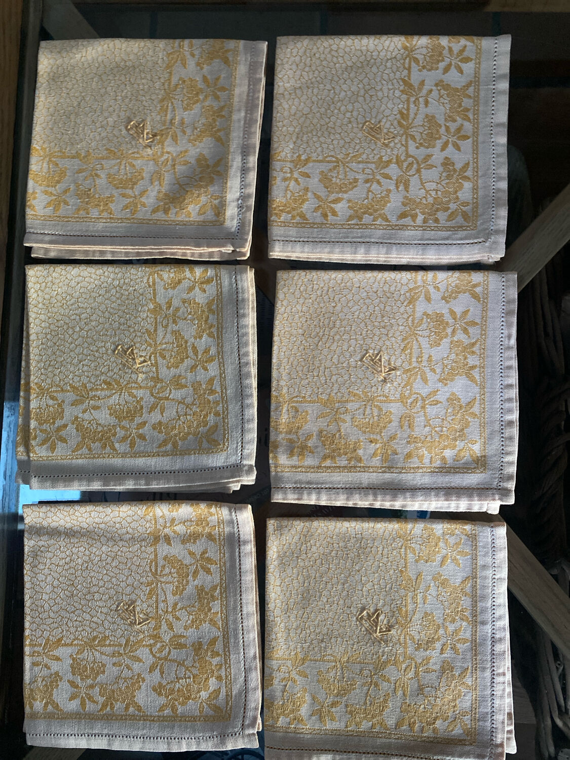 Set of 6 monogrammed damask tea towels