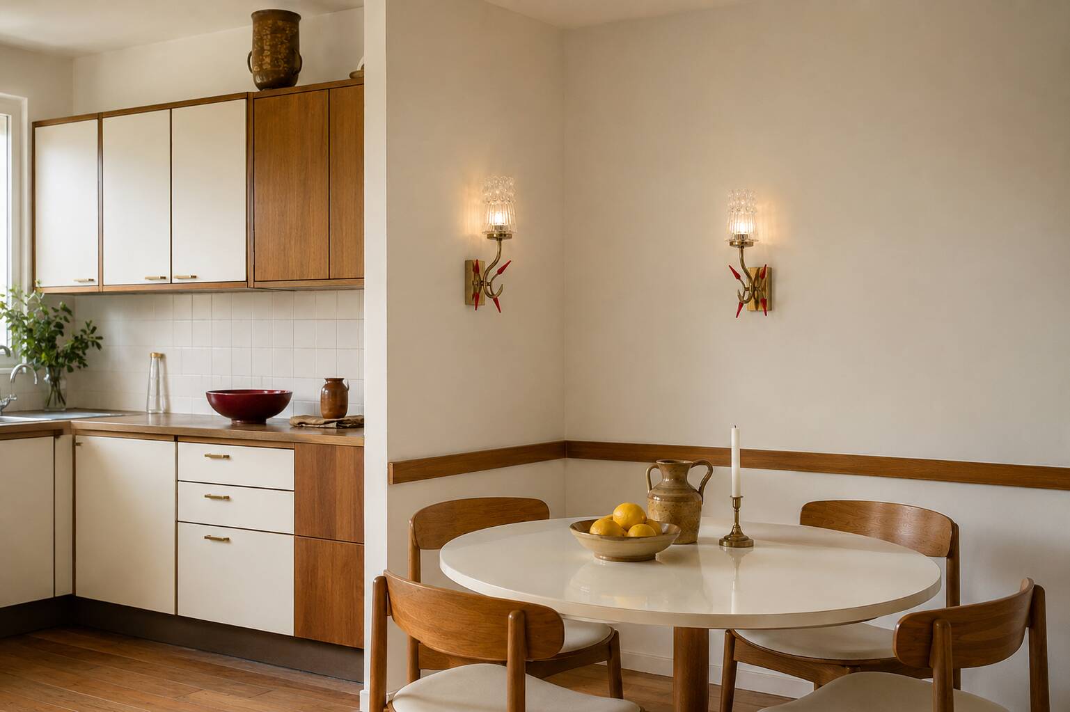 Pair of gold metal and glass wall lights, 1950s